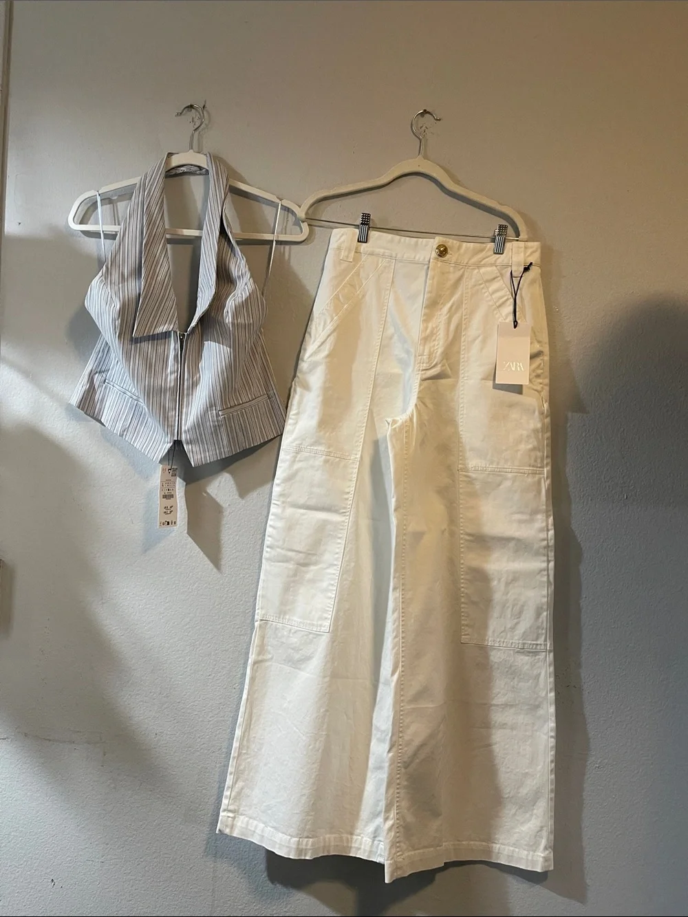 ZARA Cream Wide-Leg Cargo Pants And halter striped top size L